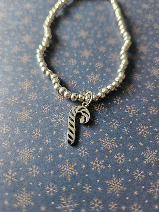 Beaded Candy Cane Bracelet | Gold or Silver Tone | Stainless Steel Charm | Elasticated | Festive Christmas Jewellery Gift