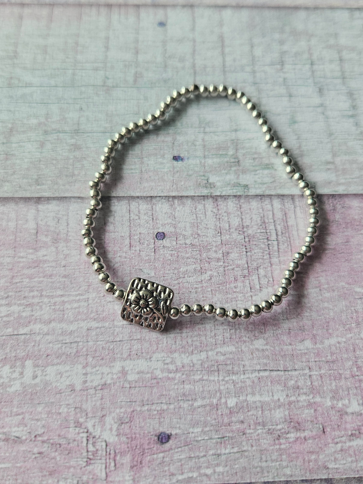 Flower Square Bracelet | Beaded Silver Plated Flower Charm Bracelet | Square Feature Bead | Stretch Bracelet | Floral Jewellery Gift