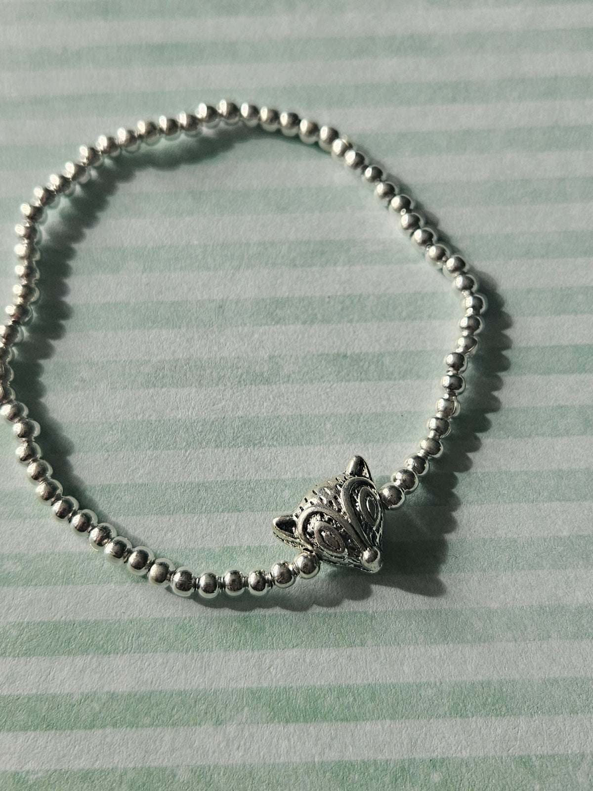 Fox Bracelet | Beaded Silver Plated Fox Charm Bracelet | Woodland Animal Stretch Bracelet | Silver Tone Jewellery | Fox Lover Gift