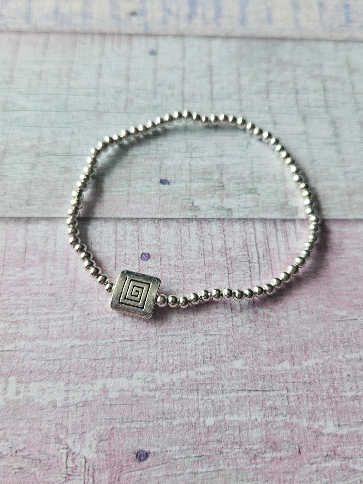 Geometric Square Bracelet | Beaded Silver Plated Feature Bracelet | Geometric Jewellery | Stretch Bracelet | Alternative Silver Jewellery
