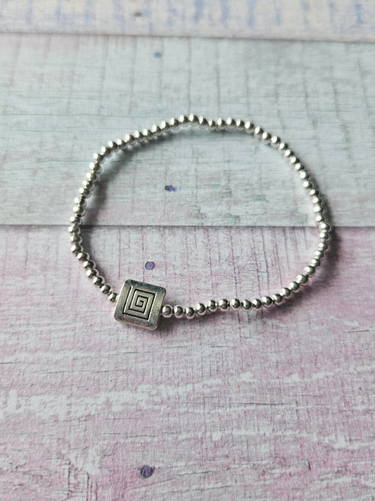 Geometric Square Bracelet | Beaded Silver Plated Feature Bracelet | Geometric Jewellery | Stretch Bracelet | Alternative Silver Jewellery