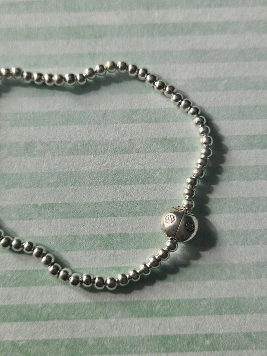 Ladybird Bracelet | Beaded Silver Plated Ladybird Charm Bracelet | Cute Insect Stretch Bracelet | Silver Tone Jewellery | Ladybird Gift