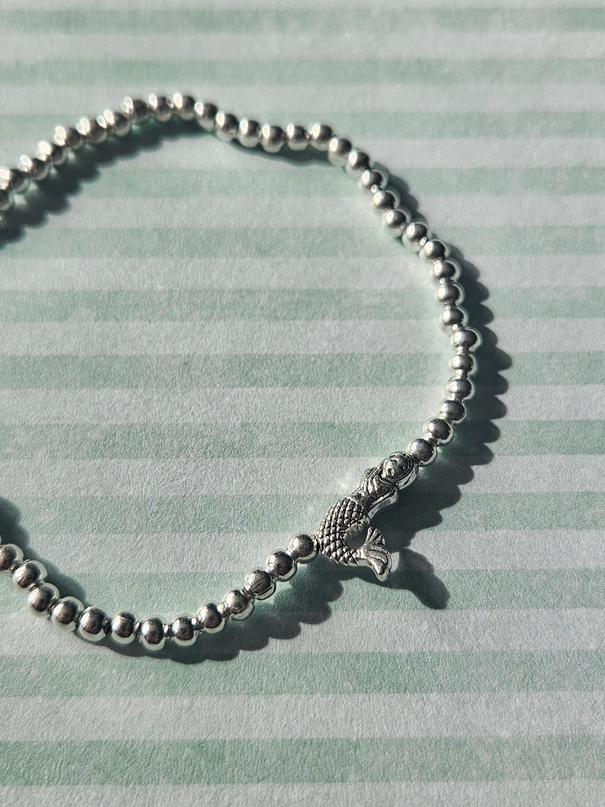 Mermaid Bracelet | Beaded Silver Plated Mermaid Charm Bracelet | Ocean Inspired Stretch Bracelet | Silver Tone Jewellery | Mermaid Gift