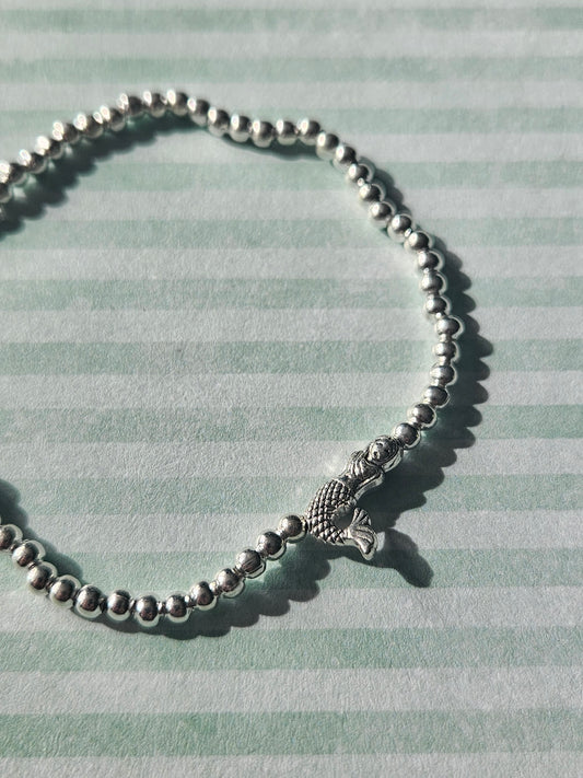 Mermaid Bracelet | Beaded Silver Plated Mermaid Charm Bracelet | Ocean Inspired Stretch Bracelet | Silver Tone Jewellery | Mermaid Gift