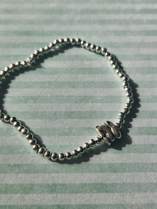 Rabbit Bracelet | Beaded Silver Plated Bunny Charm Bracelet | Cute Animal Stretch Bracelet | Silver Tone Jewellery | Rabbit Lover Gift