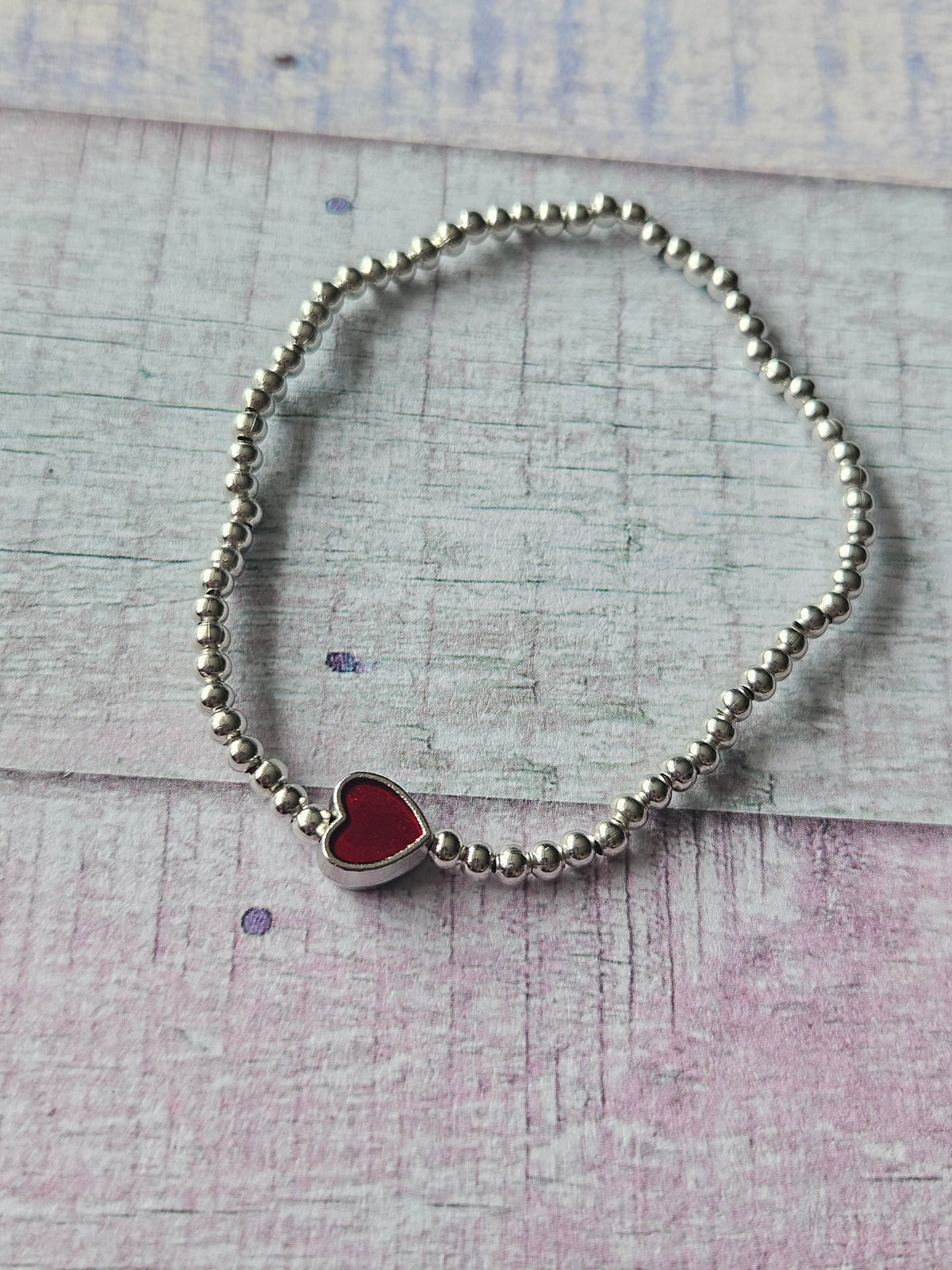 Red Heart Bracelet | Beaded Enamel Heart Charm Bracelet | Silver Plated Red Heart Jewellery | Stretch Bracelet | Romantic Gift