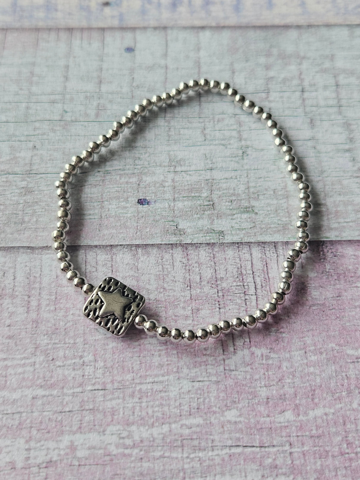 Star Square Bracelet | Beaded Silver Plated Star Charm Bracelet | Square Feature Bead | Stretch Bracelet | Alternative Jewellery Gift