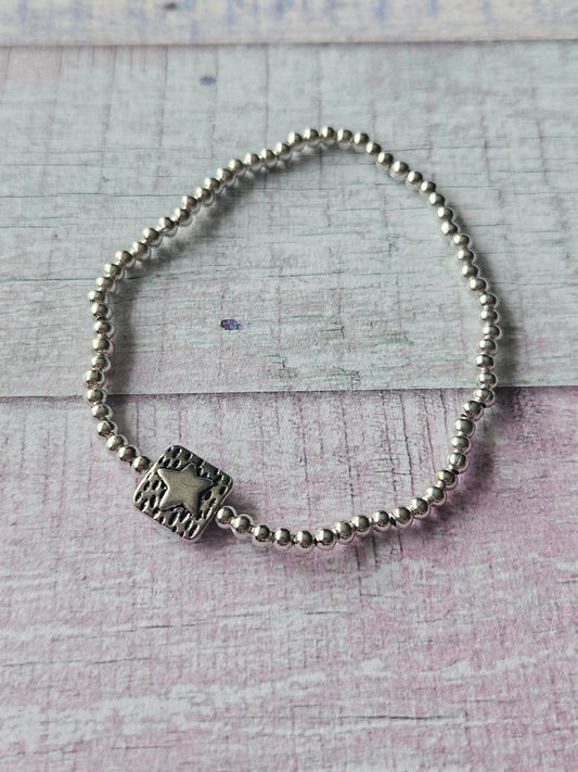 Star Square Bracelet | Beaded Silver Plated Star Charm Bracelet | Square Feature Bead | Stretch Bracelet | Alternative Jewellery Gift