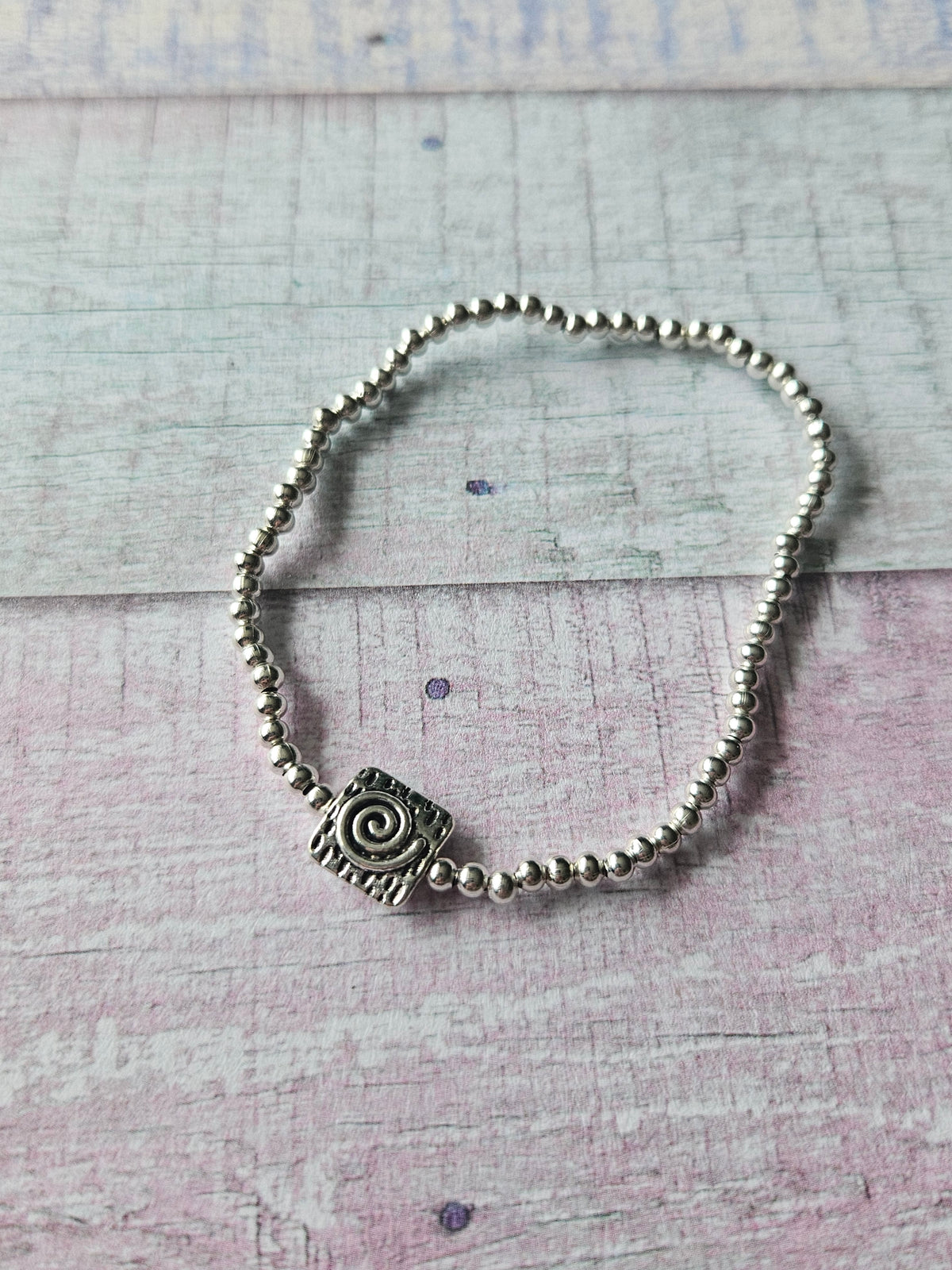 Swirl Square Bracelet | Beaded Silver Plated Swirl Charm Bracelet | Square Feature Beads | Stretch Bracelet | Alternative Jewellery
