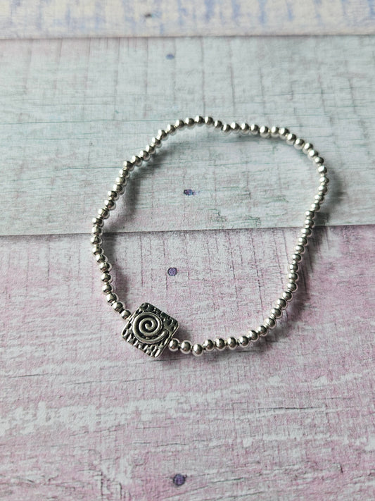 Swirl Square Bracelet | Beaded Silver Plated Swirl Charm Bracelet | Square Feature Beads | Stretch Bracelet | Alternative Jewellery