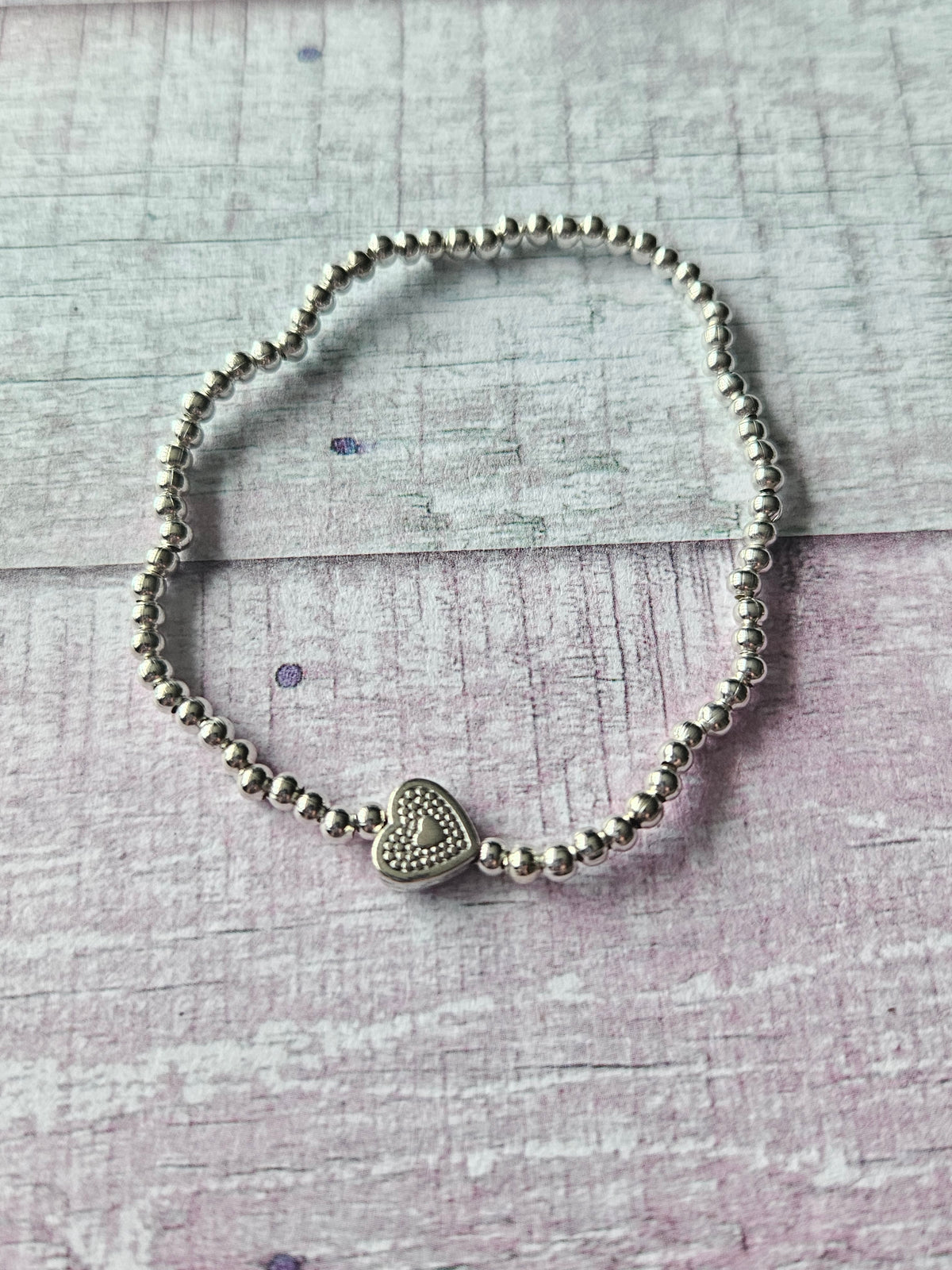 Textured Heart Bracelet | Beaded Silver Plated Heart Charm Bracelet | Heart Stretch Bracelet | Silver Tone Beaded Jewellery | Gift