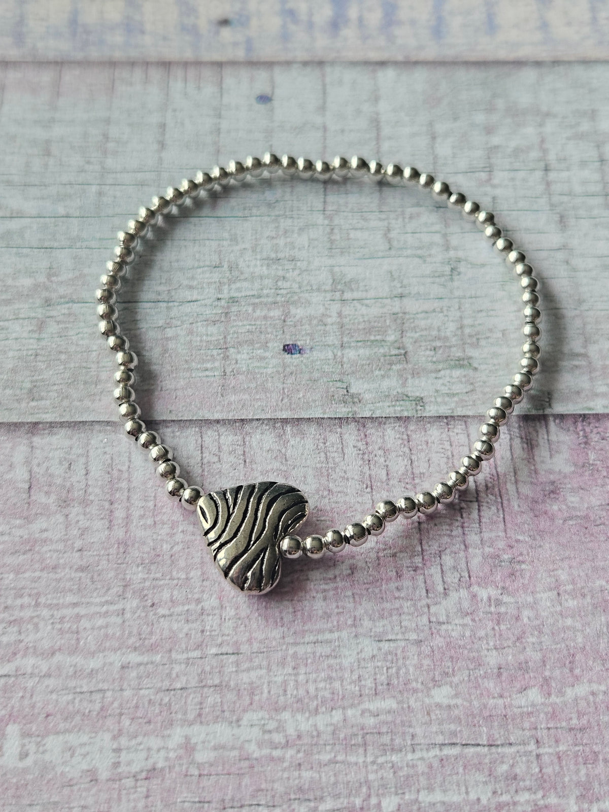 Zebra Print Heart Bracelet | Beaded Heart Charm Bracelet | Silver Plated Animal Print Jewellery | Stretch Bracelet | Alternative Gift