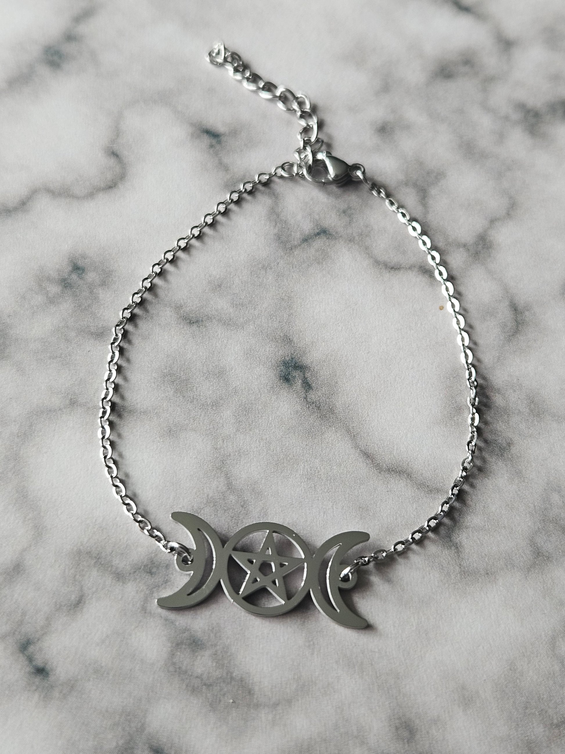 Triple Moon Pentagram Bracelet | Gothic Stainless Steel Bracelet | Witchy Pagan Jewellery