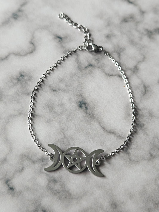 Triple Moon Pentagram Bracelet | Gothic Stainless Steel Bracelet | Witchy Pagan Jewellery