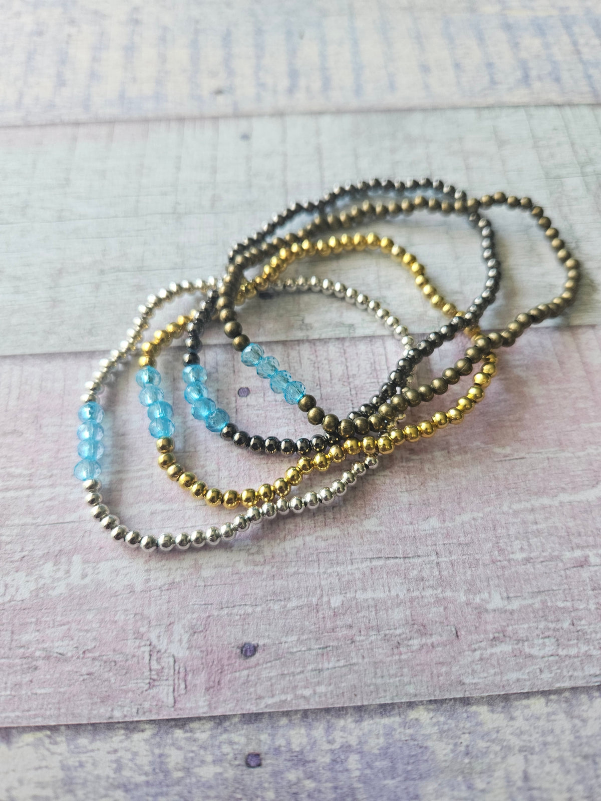 Beaded Acrylic Rondelle Bracelet | Colourful 4mm Bead Bracelet | Bronze Gold Gunmetal or Silver Plated | Various Colours