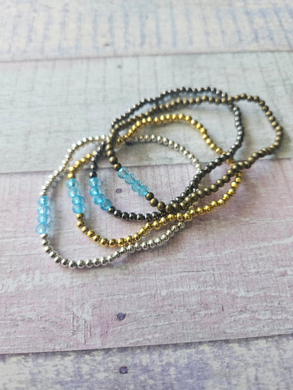 Beaded Acrylic Rondelle Bracelet | Colourful 4mm Bead Bracelet | Bronze Gold Gunmetal or Silver Plated | Various Colours
