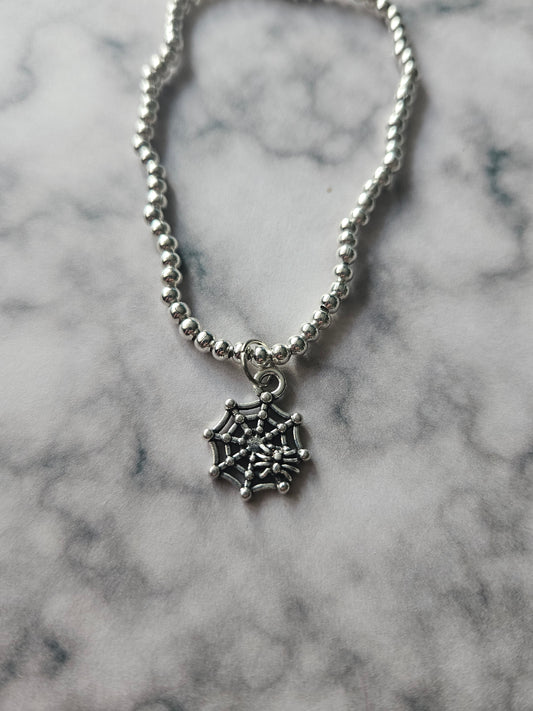 Beaded Spiderweb Bracelet | Silver Tone Beads | Enamel Spiderweb Charm | Elasticated Halloween Gothic Jewellery