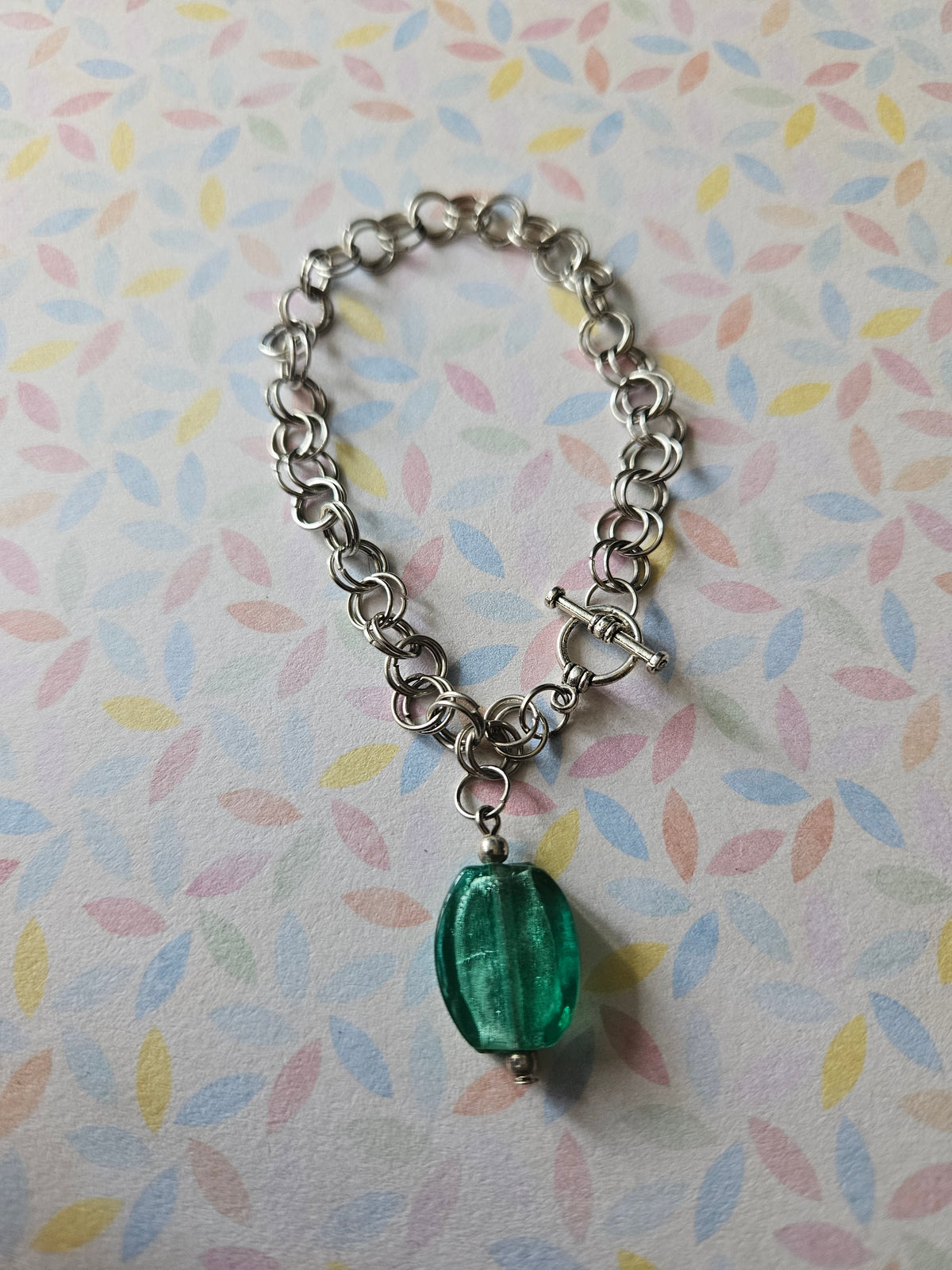 Chainmaille Bracelet | Oval Glass Lampwork Bead Bracelet | Stainless Steel Chain Jewellery | Toggle Clasp Bracelet