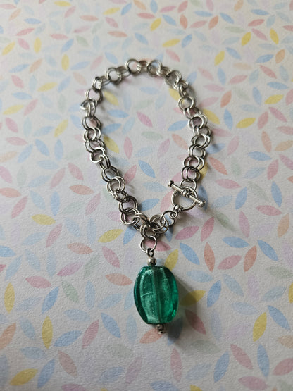 Chainmaille Bracelet | Oval Glass Lampwork Bead Bracelet | Stainless Steel Chain Jewellery | Toggle Clasp Bracelet