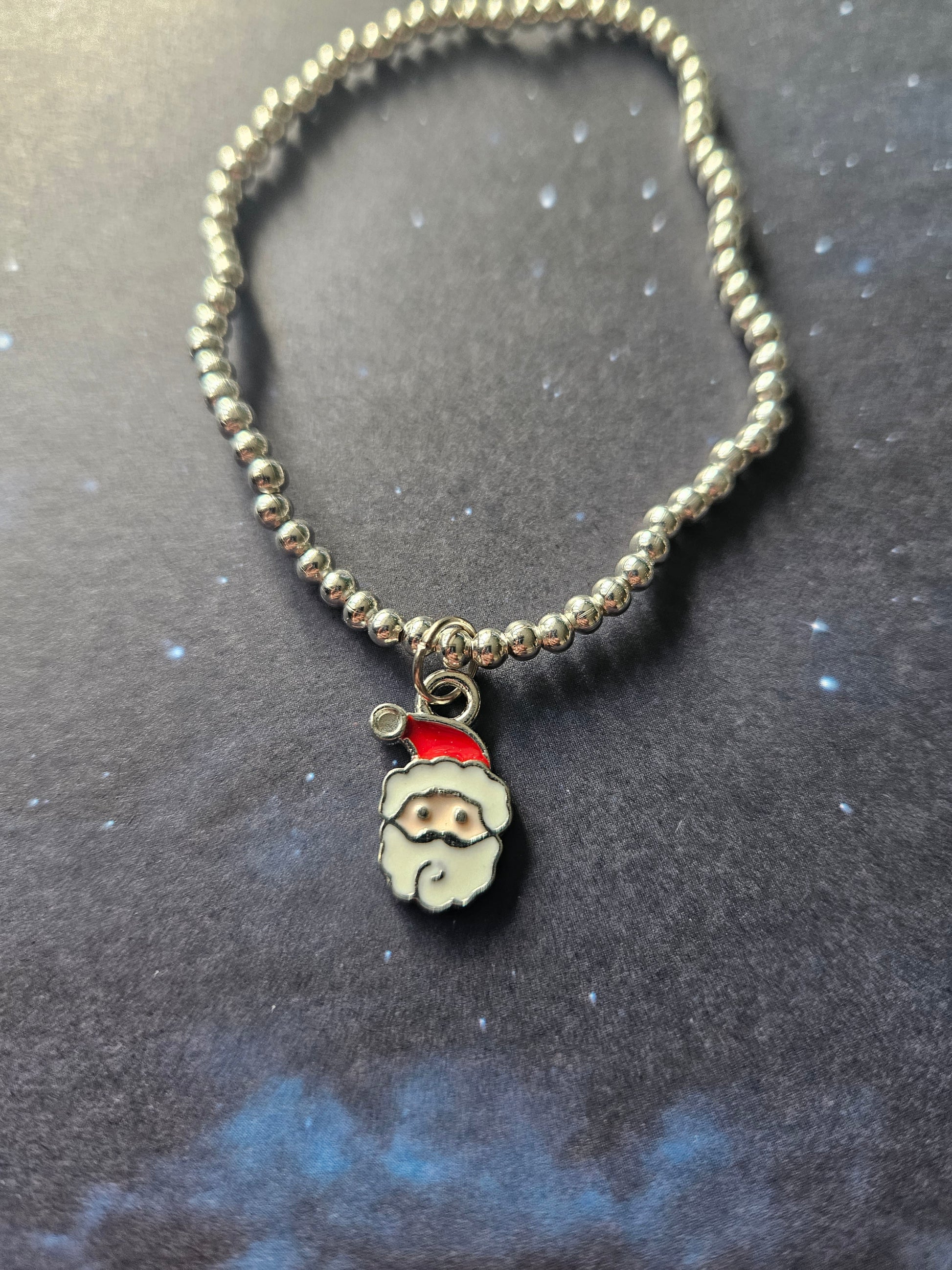 Beaded Santa Bracelet | Silver Tone Beads | Enamel Santa Charm | Elasticated Festive Christmas Jewellery