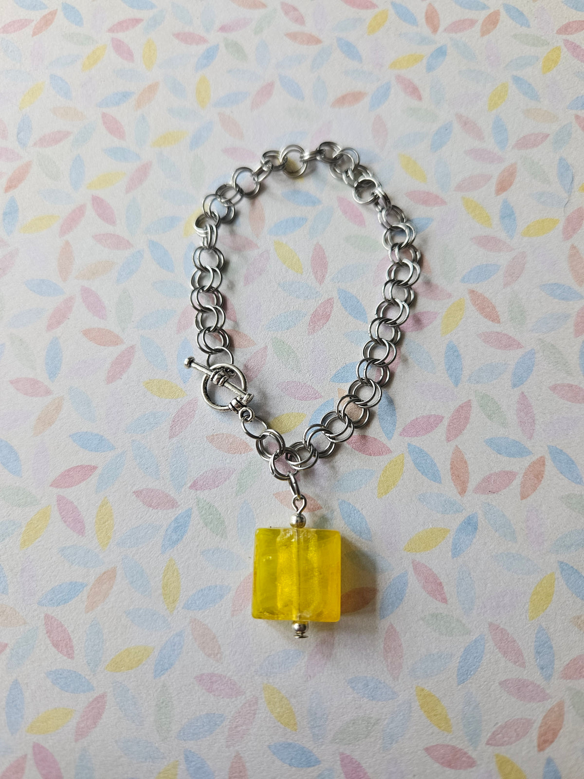 Chainmaille Bracelet | Square Glass Lampwork Bead Bracelet | Stainless Steel Chain Jewellery | Toggle Clasp Bracelet