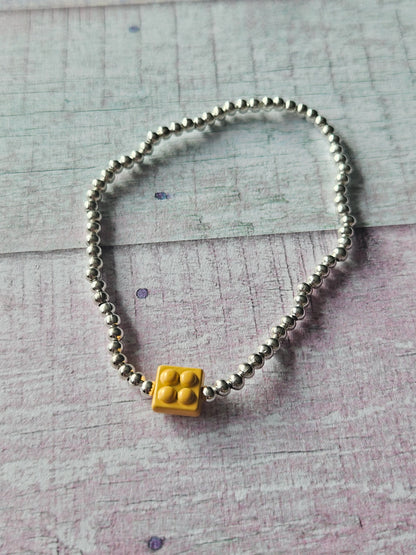 Building Brick Bracelet | Beaded Toy Brick Stretch Bracelet | Colourful Silver Tone Beaded Jewellery | Fun Alternative Gift | Various Colours