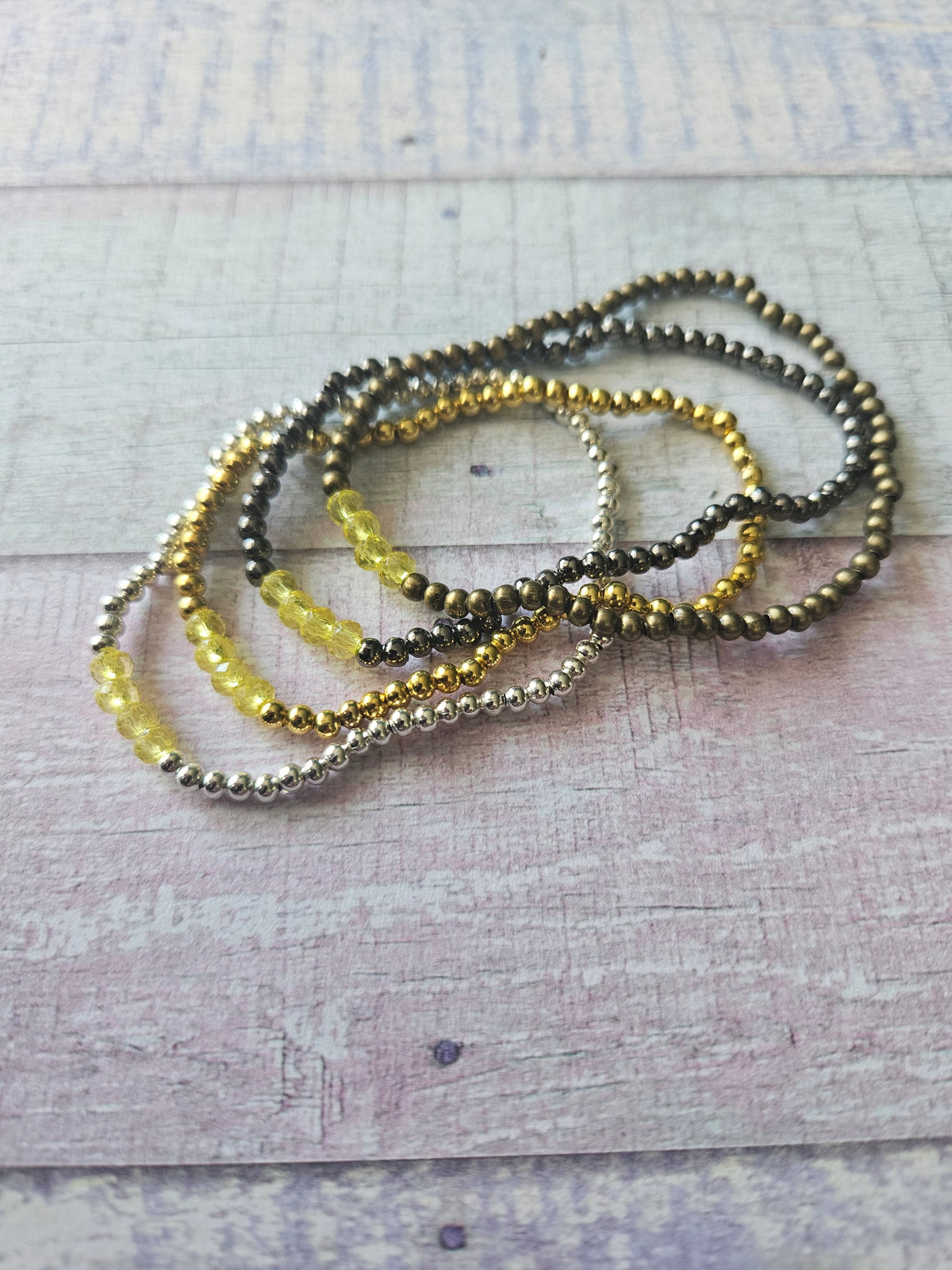 Beaded Acrylic Rondelle Bracelet | Colourful 4mm Bead Bracelet | Bronze Gold Gunmetal or Silver Plated | Various Colours