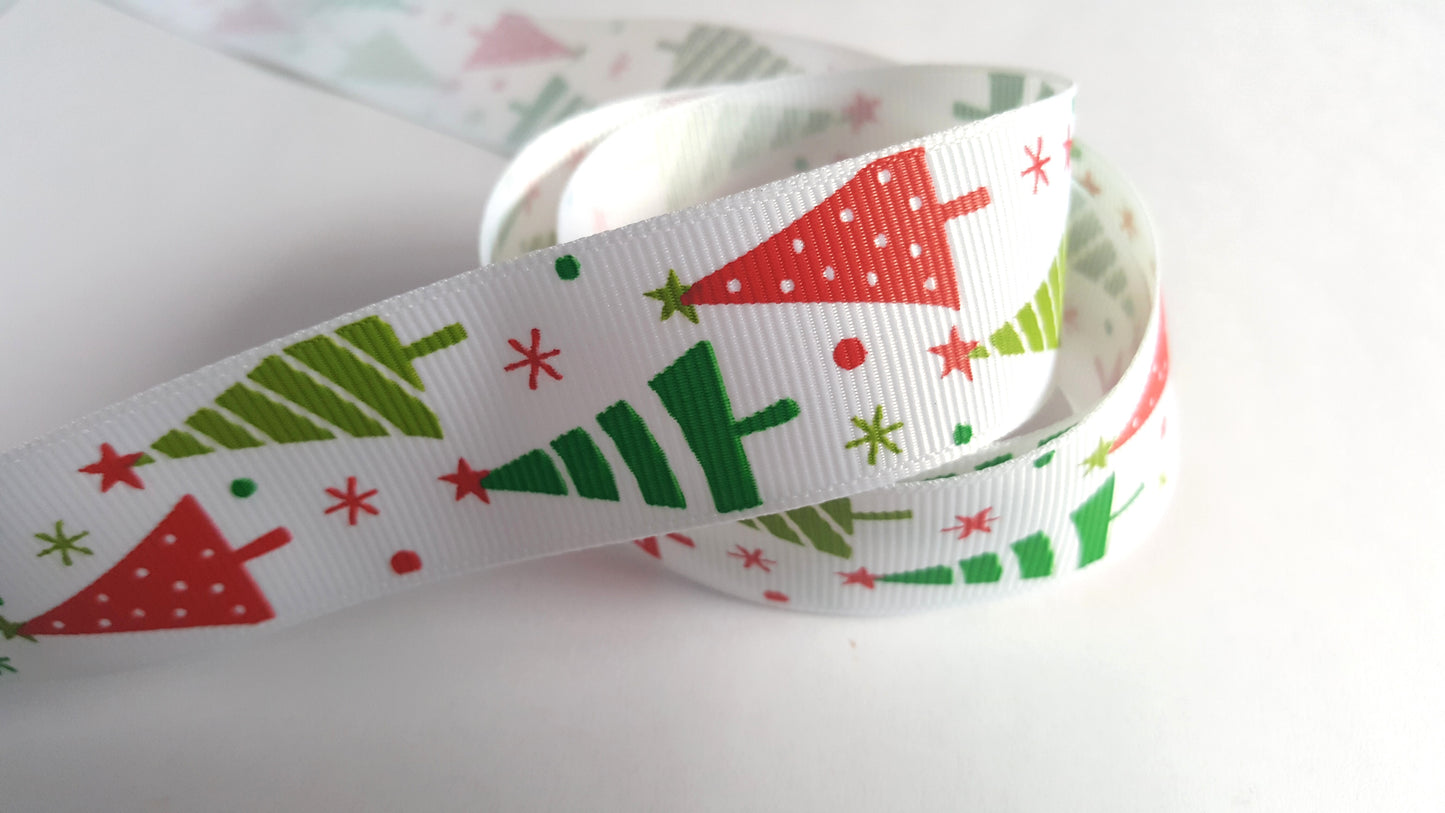 2m bundle printed grosgrain ribbon - 25mm - christmas trees - white