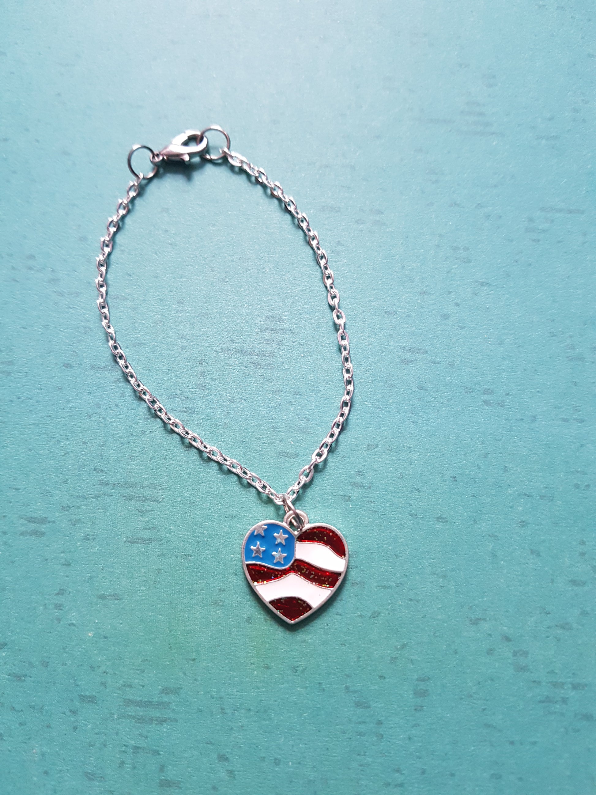 USA flag heart charm bracelet chain 