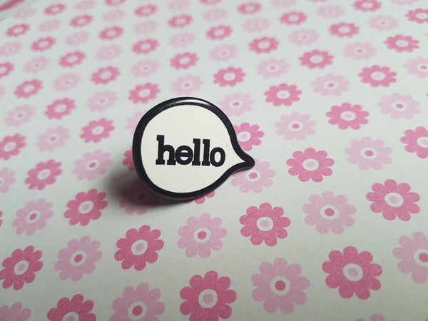 resin pin badge - "hello" speech bubble
