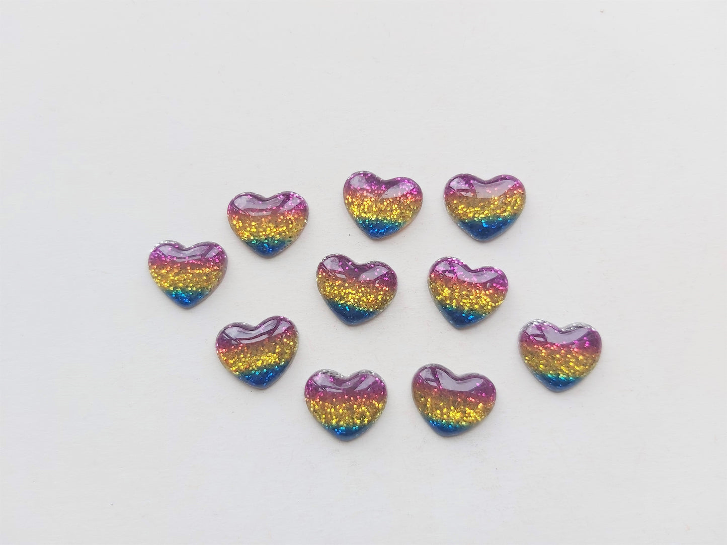 16mm glitter rainbow heart cabochons