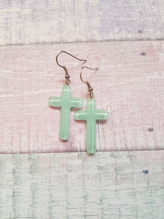 pastel glitter cross earrings - aqua