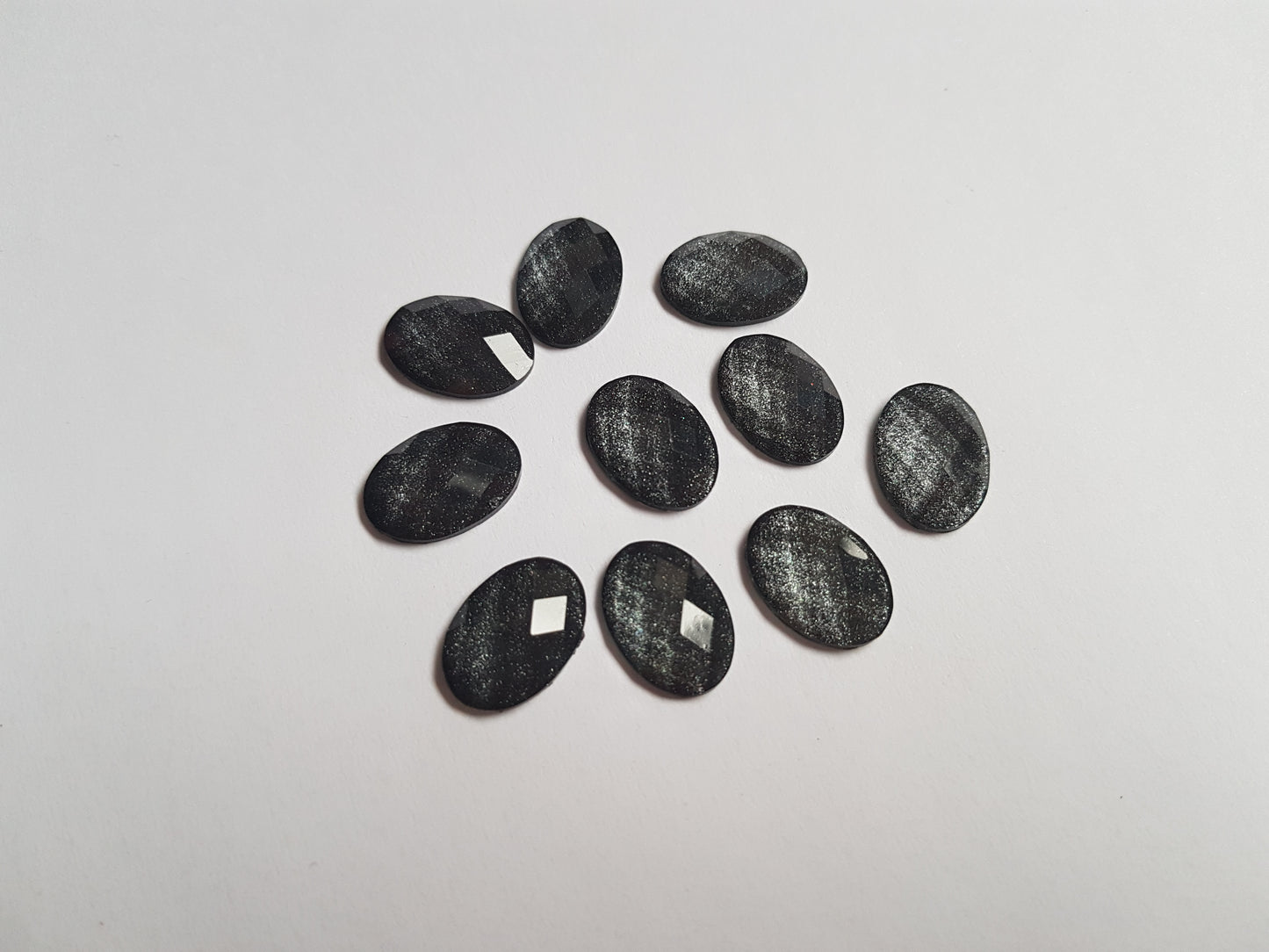 14mm faceted glitter resin oval cabochons - black