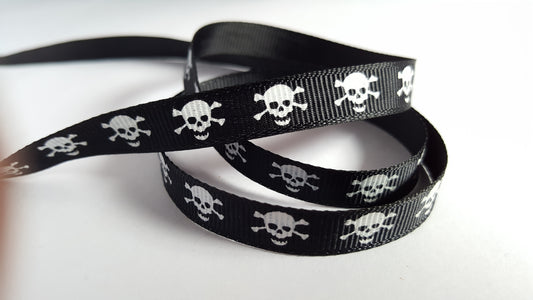 3m printed grosgrain ribbon - 9mm - skull & crossbones - black 