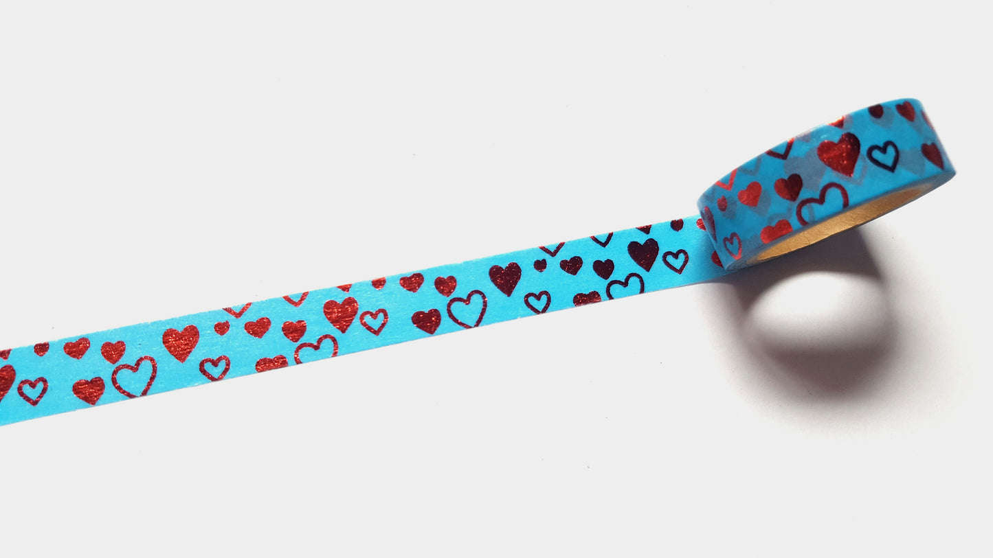 6m washi tape - 15mm - metallic hearts - blue & red 