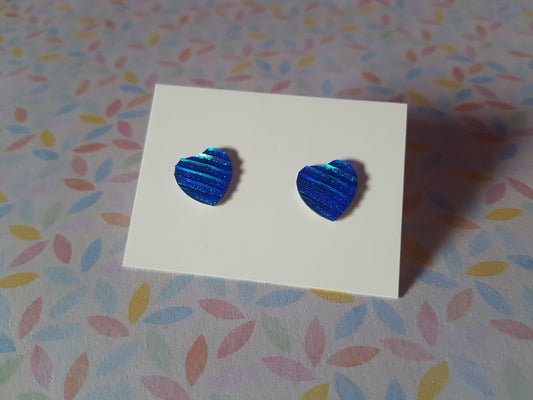 druzy striped stud earrings - heart - blue