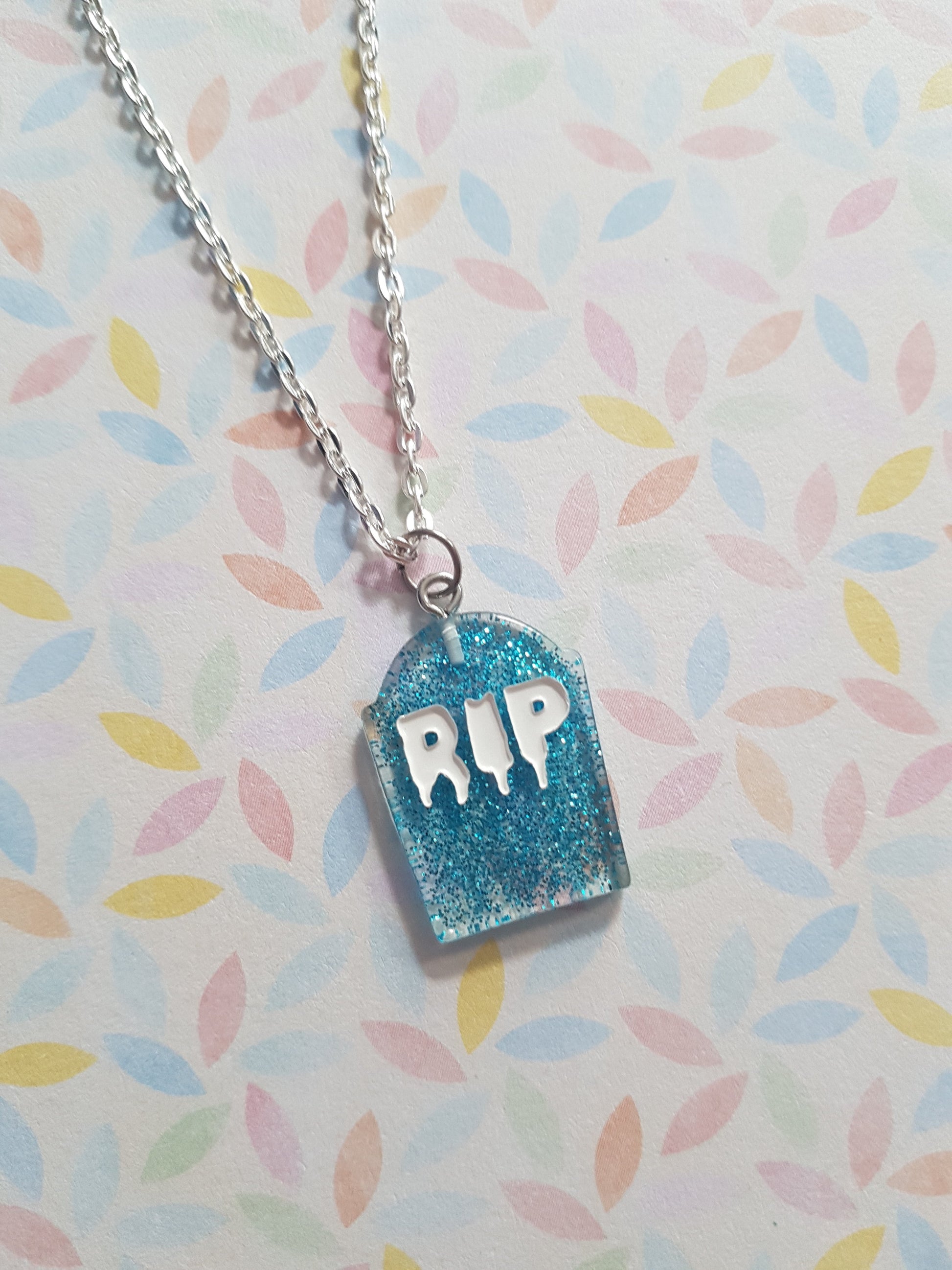 resin gravestone necklace - blue (glitter)