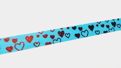 1 x 6m Roll Adhesive Craft Washi Tape - 15mm - Metallic - Hearts - Blue & Red