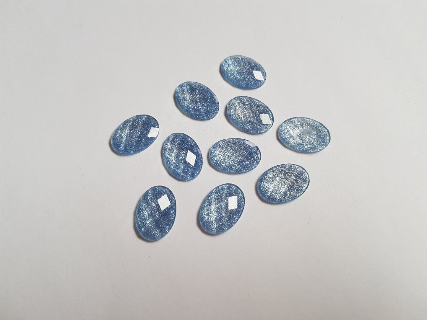 14mm faceted glitter resin oval cabochons - blue