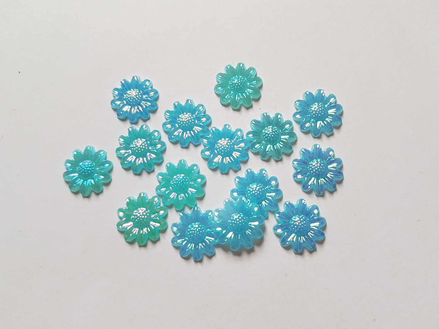 12mm AB plated flower cabochons - blue