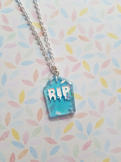 resin gravestone necklace - blue (foil)