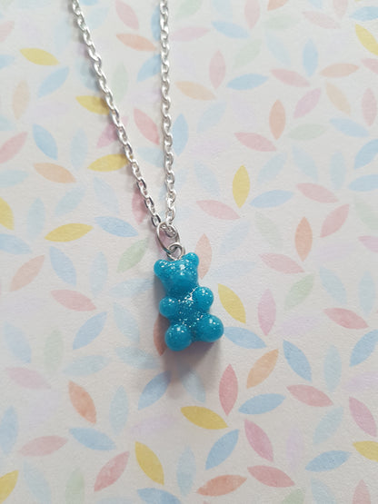 neon glitter gummy bear necklace - blue 