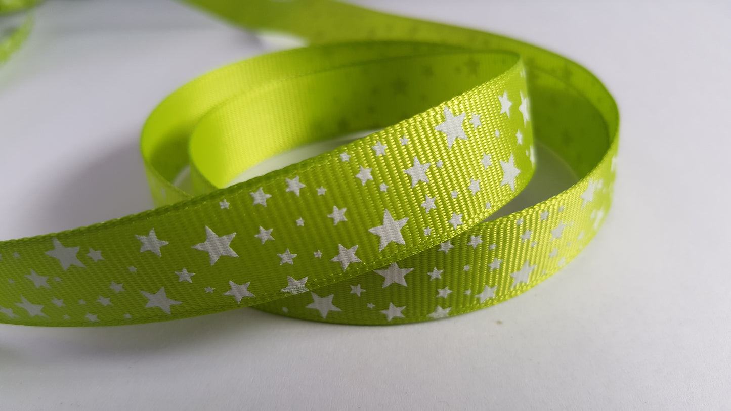 3m printed grosgrain ribbon - 16mm - stars - bright green 