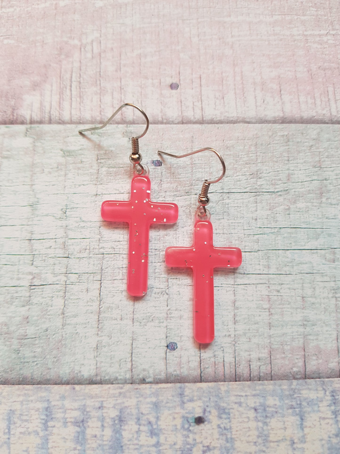 pastel glitter cross earrings - bright pink