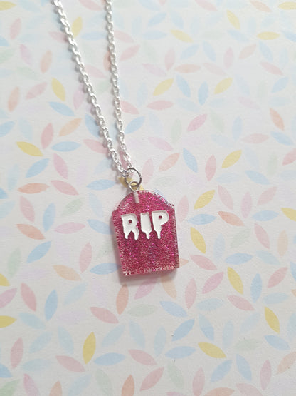 resin gravestone necklace - bright pink (glitter)