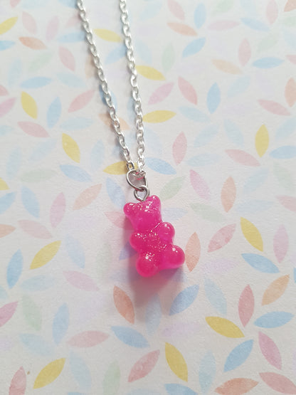 neon glitter gummy bear necklace - bright pink