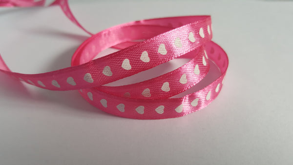 3m printed satin ribbon - 10mm - hearts - bright pink