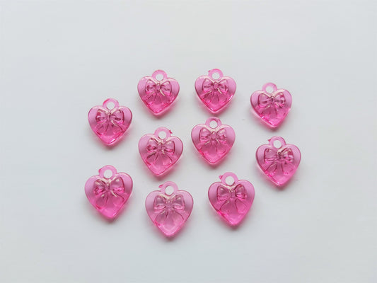 17mm acrylic heart pendants - bow design - bright pink