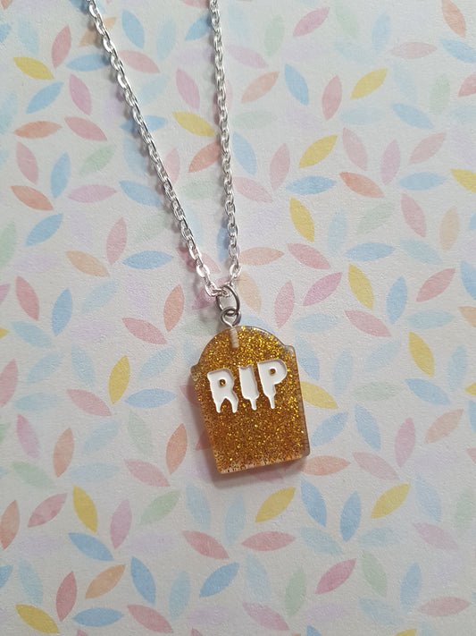 resin gravestone necklace - gold (glitter)