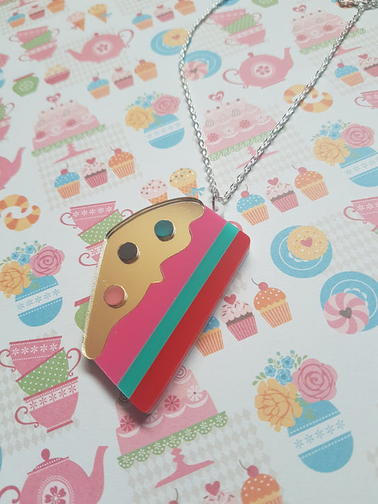 Cake Necklace | Layered Acrylic Pendant | Silver Plated Chain Jewellery | Fun Kawaii Statement Necklace